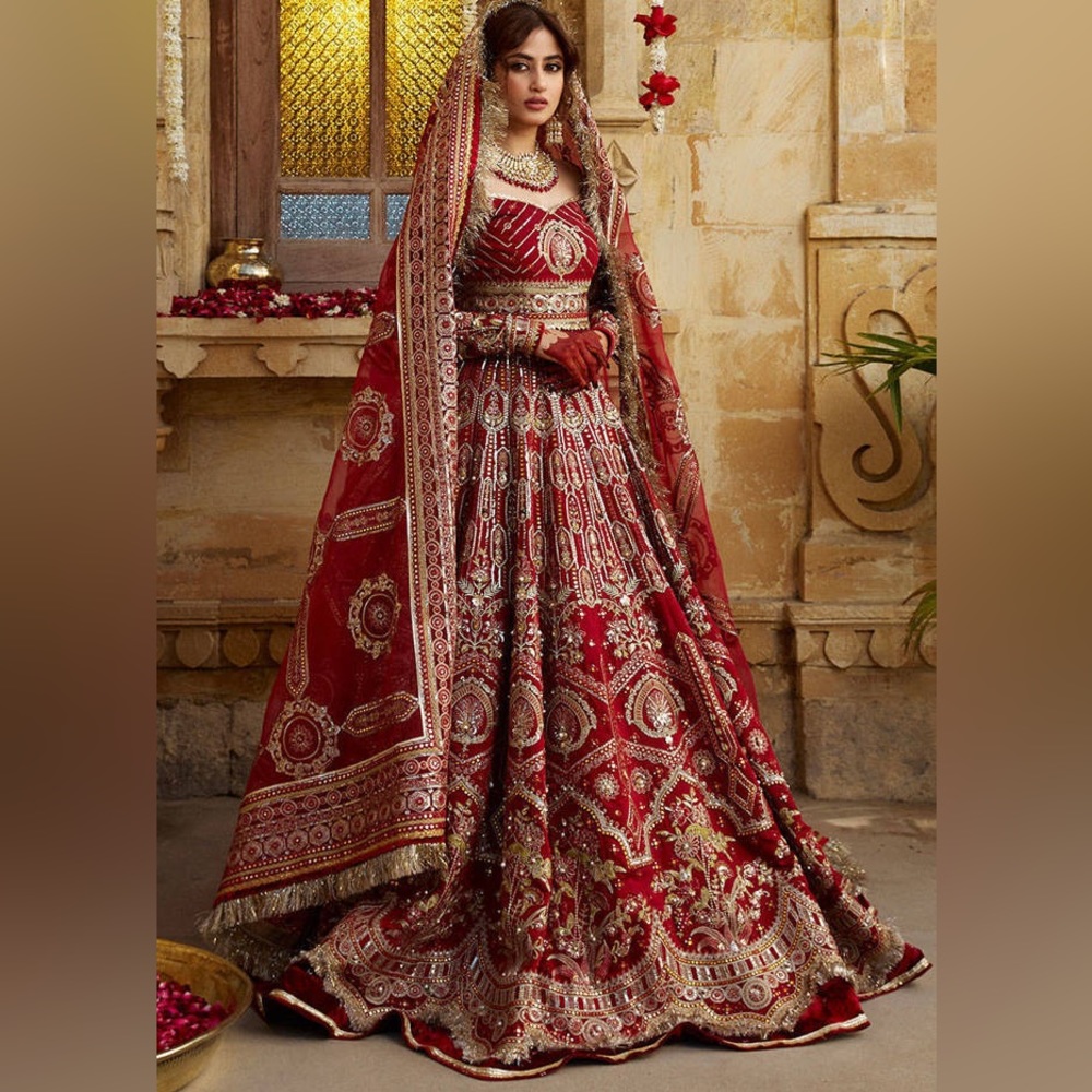 NEW 3 pc RED PAKISTANI INDIAN BRIDAL LEHENGA DESIGNER SILK LENGHA WEDDING DRESS